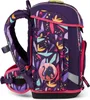 A side view of a purple backpack with a colorful jungle-like pattern and a black panther emblem. Produktbild-Vorschau