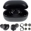 A black charging case for wireless earbuds is shown open, with the earbuds and several ear tips displayed below. Produktbild-Vorschau