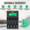 A battery charger with batteries next to it, with marketing text and icons above. Produktbild-Vorschau