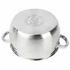 The bottom view of a stainless steel pot with handles, showing a circular logo and text on the base. Produktbild-Vorschau