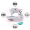A toy sewing machine with descriptive text bubbles around it. Produktbild-Vorschau