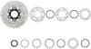 A bicycle cassette and its individual sprockets and spacers are laid out on a white background. Náhľad obrázku produktu