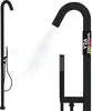 A black outdoor shower with a hand shower and water spraying from the main shower head. Produktbild-Vorschau
