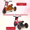 Two images of a red and black children's tricycle, with text overlays highlighting features. Náhled obrázku produktu