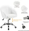 A white office chair with various features highlighted by text overlays. Produktbild-Vorschau
