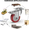 A collage of images showing a heavy-duty caster wheel and various applications for it, such as a pallet, a planter, a shopping cart, a laundry basket, a nightstand, and a bed frame. Produktbild-Vorschau