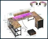 A diagram showing the dimensions of a U-shaped desk with LED lighting, drawers, and shelves. The diagram includes multiple views and measurements. Anteprima dell’immagine prodotto