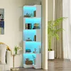 A white corner bookshelf with blue LED lighting is shown in a living room setting next to a sofa and a potted plant. Voir les images du produit