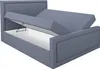 A blue upholstered bed frame with the storage compartment open, revealing the white interior. Produktbild-Vorschau