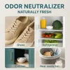 Collage of images showing different uses for an odor neutralizer: shoes, refrigerator, cabinet, and near a waste bin. Produktbild-Vorschau