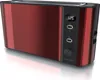 A red toaster with a digital display and a dial control, shown from a diagonal front view on a reflective white surface. Produktbild-Vorschau