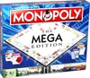 A Monopoly Mega Edition board game box is shown from a slightly elevated front-facing angle, with the game board partially visible. Produktbild-Vorschau