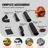 A collage of a leaf blower and its accessories, along with images demonstrating its uses. Anteprima dell’immagine prodotto