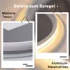A collage of two close-up images showing details of a mirror, with text overlays describing features. Produktbild-Vorschau