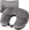 Two grey travel pillows, one U-shaped neck pillow and one rectangular pillow, are shown on a white background. Produktbild-Vorschau