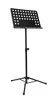 A black metal music stand with a tripod base, photographed against a white background. Produktbild-Vorschau