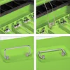 Collage of four close-up images showing details of a green cash box. Náhled obrázku produktu