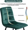 A close-up of a green velvet chair with diagrams illustrating ergonomic support features, alongside an illustration of a human spine. Produktbild-Vorschau