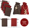A collage of small fabric bags, some with decorative elements, and a size chart. Produktbild-Vorschau