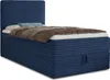 A blue upholstered bed with a headboard, mattress, and bedding, shown from a side angle against a white background. Produktbild-Vorschau