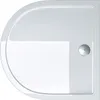 A top-down view of a white shower tray with a chrome drain.