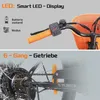 Close-up of an e-bike's handlebars and rear wheel, highlighting features. Produktbild-Vorschau