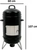 A black smoker barrel with dimensions indicated by text overlays. Podgląd zdjęcia produktu