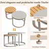 Collage showing two round tables, one with a wooden top and the other with a gray top, and then a second image showing the two tables nested. The right side of the image shows close-ups of the table materials, construction, and adjustable feet. Voir les images du produit