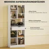 A white bookshelf with various items on its shelves, with text overlays describing different storage compartments. Náhľad obrázku produktu