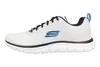 A side view of a white Skechers athletic shoe with black laces and blue accents. Anteprima dell’immagine prodotto
