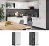 A modern kitchen with white high-gloss cabinets and a dark marble backsplash, featuring a wooden dining table in the foreground. Anteprima dell’immagine prodotto