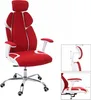 A red and white office chair is shown against a white background. Inset images show details of the chair's adjustable headrest and armrest. Anteprima dell’immagine prodotto