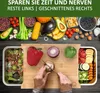 A top-down view of a kitchen scene with various vegetables and fruits, a cutting board with a person chopping a mushroom, and a container for food scraps. Produktbild-Vorschau