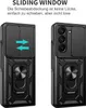 A split image showing a black phone case with a sliding camera cover and a ring holder. The left side shows the camera cover closed with arrows indicating sliding motion, and the right side shows the camera cover open, revealing the camera lenses. Produktbild-Vorschau