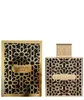 A product shot of a perfume bottle and its box, both featuring intricate gold geometric patterns on a black background. Produktbild-Vorschau
