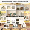 A large, white, multifunctional storage cabinet is shown with various compartments and shelves. Multiple circular overlays highlight specific areas and features of the cabinet, such as 'Top display area', 'Cup and plate display area', 'Open storage area',  Produktbild-Vorschau