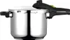 A stainless steel pressure cooker with a black and green handle is shown against a white background. Podgląd zdjęcia produktu
