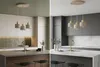 Two side-by-side images of a modern kitchen with pendant lights. Produktbild-Vorschau