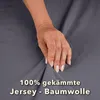 A hand is shown touching a gray fabric, with text overlay indicating product details. Produktbild-Vorschau
