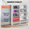 A white media storage cabinet with various items on its shelves, with text overlays highlighting its stability and load capacity. Produktbild-Vorschau