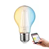 A smart LED light bulb with a hand holding a smartphone displaying a control app. Produktbild-Vorschau