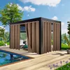 An outdoor gazebo with curtains next to a swimming pool and a wooden deck. Produktbild-Vorschau