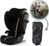 A collage showing a black child car seat, a close-up of a part of the car seat, and a small circular image of a child with luggage. Náhled obrázku produktu