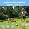 A boy and a dog are playing in a grassy backyard with a ball nearby. The image has overlay text and icons. Produktbild-Vorschau