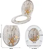 A collage of images showing a toilet seat with a starfish and pearl design, including dimensions. Produktbild-Vorschau