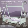 A mint green wooden children's bed with a tipi-style frame, set in a room with a purple wavy wall and decorative elements. Produktbild-Vorschau