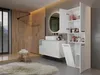 A modern bathroom with a wooden accent wall, a floating vanity with a sink, a large round mirror, and a tall white storage cabinet with an open compartment and a pull-down door. Produktbild-Vorschau