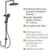 A black shower system with accompanying feature descriptions in English and German. Produktbild-Vorschau