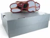 The sole of a red and white Nike Air Jordan 13 Retro sneaker is displayed resting on top of its silver shoebox. Produktbild-Vorschau