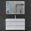 A modern bathroom vanity with a sink and a large illuminated mirror above it. Produktbild-Vorschau